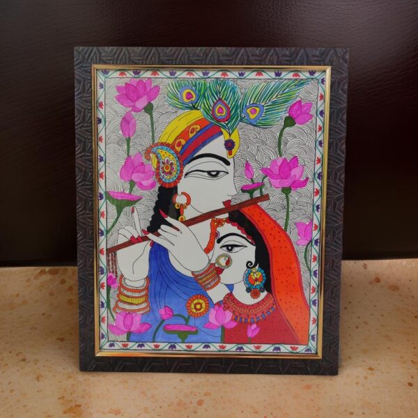 Divine Rhythms – Madhubani Radha Krishna Flute Paper Unframed 12 Inch by 10 Inch