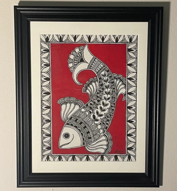 Sacred Flow – Madhubani Fish Canvas Painting (12x10 inch, Unframed)