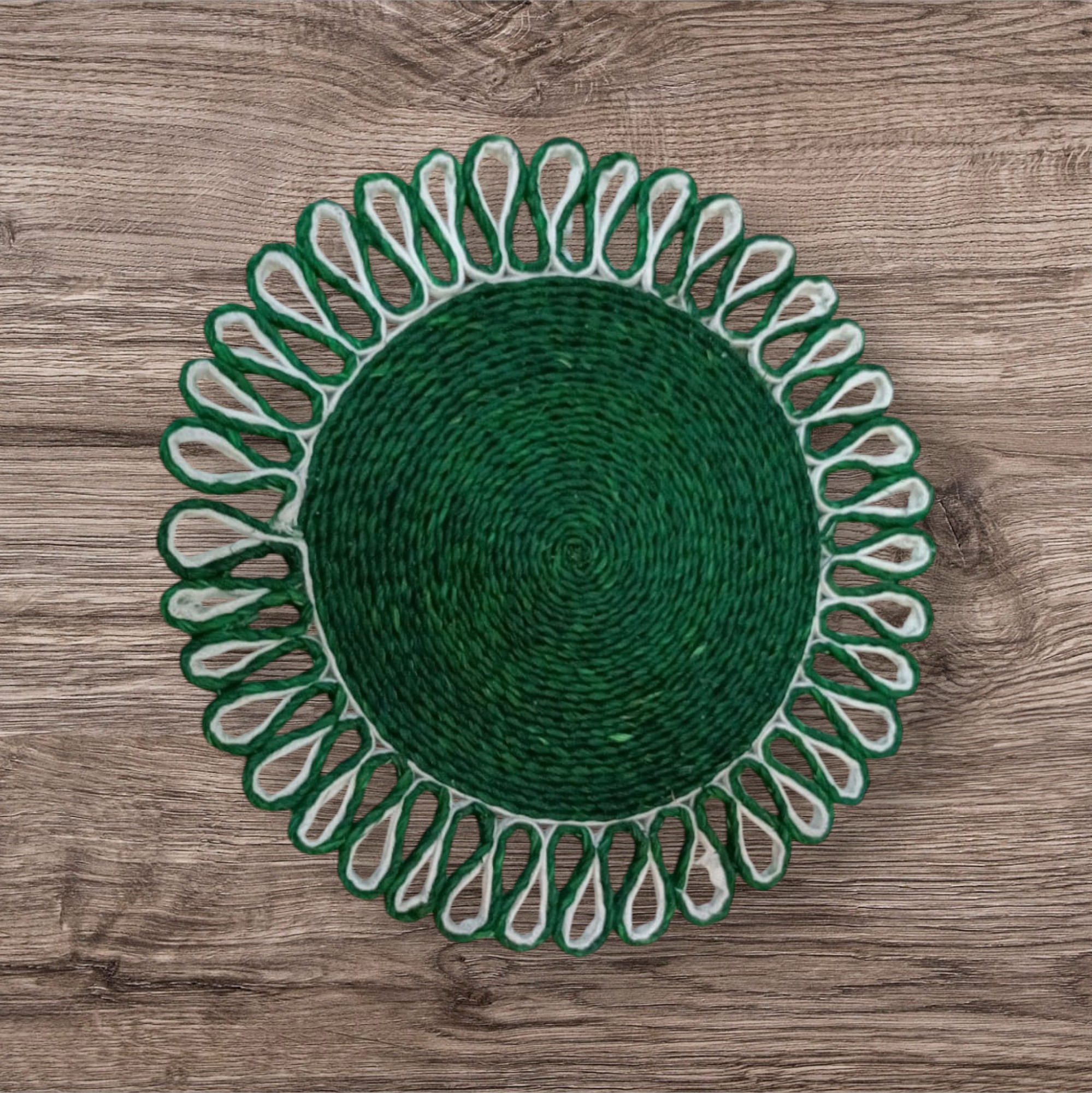 Emerald Bloom – Handwoven Sabai Grass Decorative Mat (12 Inch)