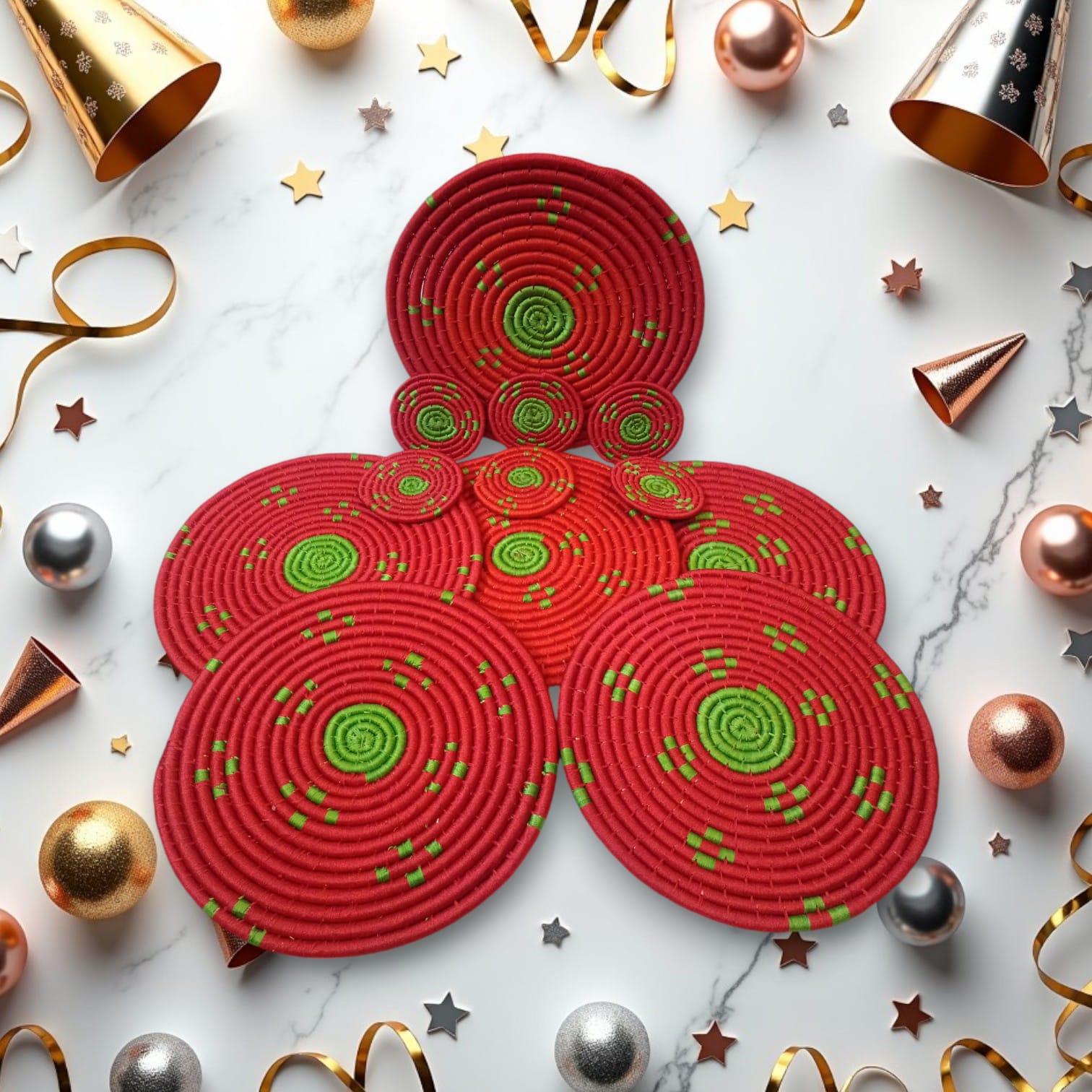 Festive Bloom – Handwoven Sabai Grass 6 Mat & 6 Coaster Set Full Thread (Set of 6)